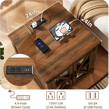 Farmhouse Coffee Table Set, 3 Pieces: Large End Side Tables with Charging Station and Coffee Table with Hidden Storage Compartment, Brown Wood Furniture Sets for Home Office