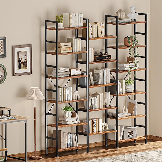 SUPERJARE Triple Bookshelf, Bookcase with 11 Open Display Shelves, Wide Book Shelf Book Case for Home & Office, 6 Tier, Rustic Brown