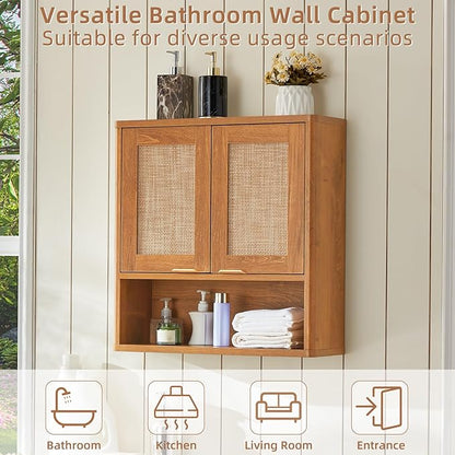 LEYAOYAO Rattan Bathroom Wall Cabinet, Boho Medicine Cabinet with Adjustable Shelf & Doors, Over The Toilet Storage Cabinets Organizer for Laundry Room, Kitchen, Living Room, Tea Brown