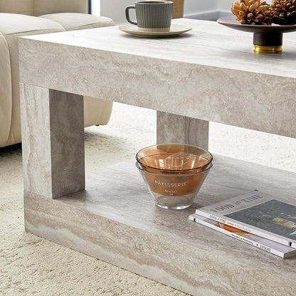 LKTART 39.37" Coffee Table with Storage, 2-Tier Mid Century Rectangular Accent Table with Thick Tabletop, Rustic Style Cocktail, Center Table for Living Room, Office, Apartment (Beige)