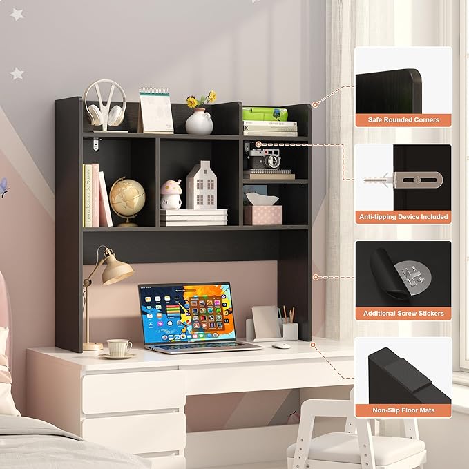 Desk Hutch with 6 Shelves, Desktop Bookshelf Organizer & Hutch Top for Desk, Over Desk Storage Shelf for Office, Home, Dorm | Space-Saving Design (Black)
