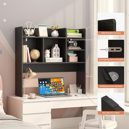 Desk Hutch with 6 Shelves, Desktop Bookshelf Organizer & Hutch Top for Desk, Over Desk Storage Shelf for Office, Home, Dorm | Space-Saving Design (Black)