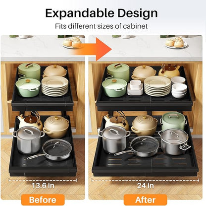 Pull out Cabinet Organizer, 1-Pack Expandable(13.6"-24") Silde out Drawers with Raising Pad for Framed Cabinets, Adjustable Full-Extension Adhesive Roll out Shelves for Kitchen Pantry Home Pot and Pan