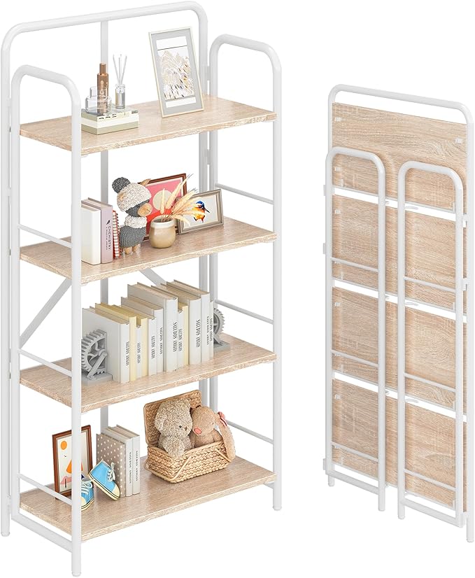 4NM No Assembly Folding Bookshelf, 4 Tiers Collapsible Book Shelves Open Industrial Foldable Storage Bookcase Shelf for Bedroom, Living Room, Home Office - Natural and White