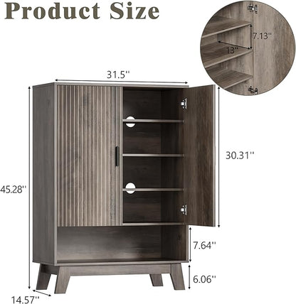 Shoe Cabinet Storage for Entryway, 5 Tier Fluted Shoe Storage Cabinet with Wooden Legs, Narrow Hidden Shoe Organizer with Adjustable Shelves, Freestanding Shoe Rack for Entryway, Hallway, Grey