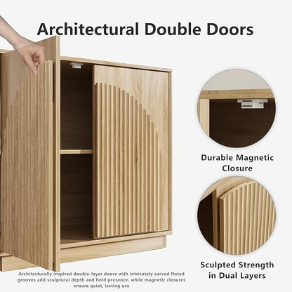 win2win Fluted Sideboard Buffet Cabinet with Storage, 31.5" Modern Boho Accent Cabinet with Double-Layered Arch Doors, Small Wood Console Credenza for Living Room, Dining Room, Entryway, Oak, 3PCS