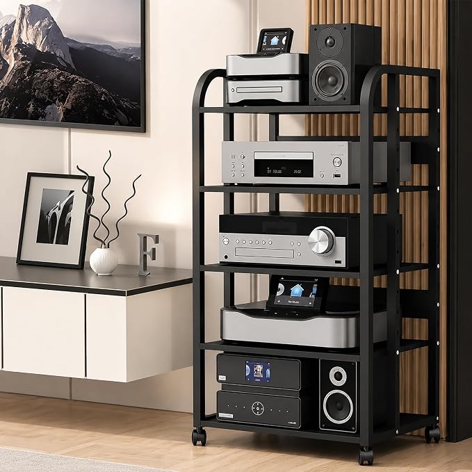 5-Tier Av Media Stand with Wheels, Audio Tower Rack with Adjustable Shelves, Stereo Racks and Stands with Storage Shelves, Media Console for Home, Office, Theater, Black