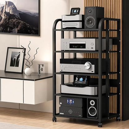 5-Tier Av Media Stand with Wheels, Audio Tower Rack with Adjustable Shelves, Stereo Racks and Stands with Storage Shelves, Media Console for Home, Office, Theater, Black