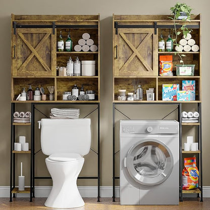 Farmhouse Storage Cabinet Over Toilet with Sliding Door & Toilet Paper Holder Stand, Space-Saving Bathroom Rack