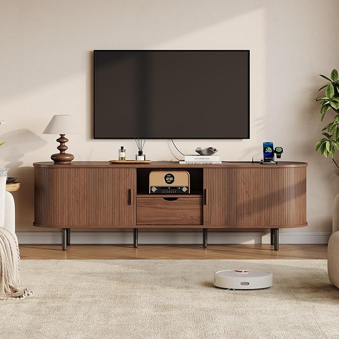 69" Mid-Century TV Stand with Power Outlet, Fluted Entertainment Center with Storage Drawer, TV Console with Sliding Door and Adjustable Shelves, TV Stand up to 80" for Living Room, Bedroom, Walnut