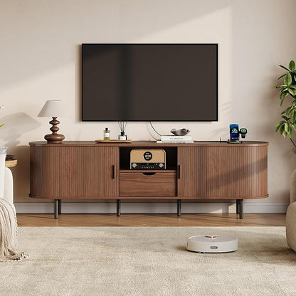 69" Mid-Century TV Stand with Power Outlet, Fluted Entertainment Center with Storage Drawer, TV Console with Sliding Door and Adjustable Shelves, TV Stand up to 80" for Living Room, Bedroom, Walnut