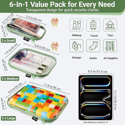 YQBRAO 6 Pack Sleek Green Clear Hard Shell Zipper Case, 1.2mm Heavy Duty Tech & Cord Organizer Pouches, Crush-Proof Electronic Storage for Travel, Tools & Diaper Bag (2L+2M+2S)