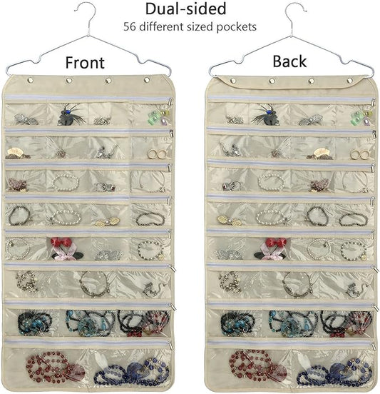 BB Brotrade Hanging Jewelry Organizer,Accessories Organizer,56 Zipper Pocket Organizer for Holding Jewelries (Beige-Zipper)