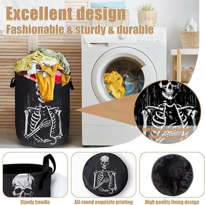 Funny Skull Black Cat Laundry Basket, Foldable Waterproof Laundry Hamper Tote Bag Dirty Clothes Storage Bucket Toy Organizer for Bathroom/Laundry/Bedroom 15.7"x19.6"