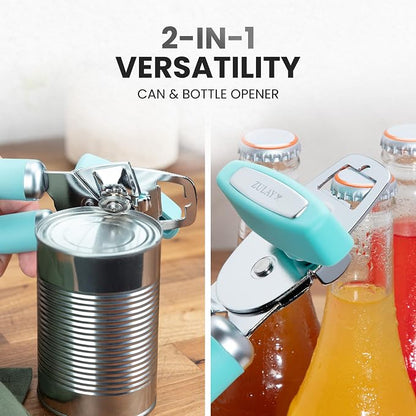 Zulay Kitchen Heavy Duty Stainless Steel Can Opener Manual with Bottle Opener - Rust Proof Manual Can Opener With Turn Knob & Comfy Soft Grip Handles - Teal