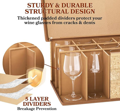 Wine Glass Storage Box with Dividers, Hard Shell, Stackable Glassware Storage Containers with Handles & Label, 10'' Tall Stemware Storage Cases for 12 Crystal Glasses Drinkware, Moving & Home Storage