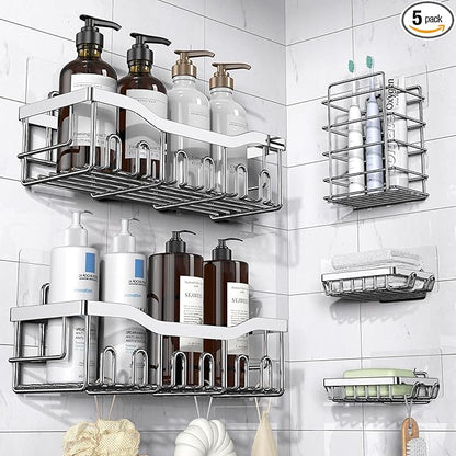 EUDELE 5-Pack Adhesive Shower Caddy Organizer, Large Capacity Rustproof Stainless Steel Shower Shelves, No Drill Bathroom Storage for Shower, Kitchen & Home Decor