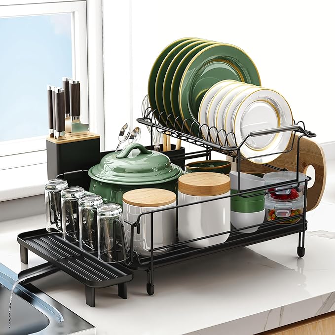 Runnatal Large Dish Drying Rack with Drainboard Set, Stainless Steel Detachable 2-in-1 Large-Capacity 2-Tier Over The Sink Anti-Rust Dish Rack and Dish Drainer for Kitchen Counter