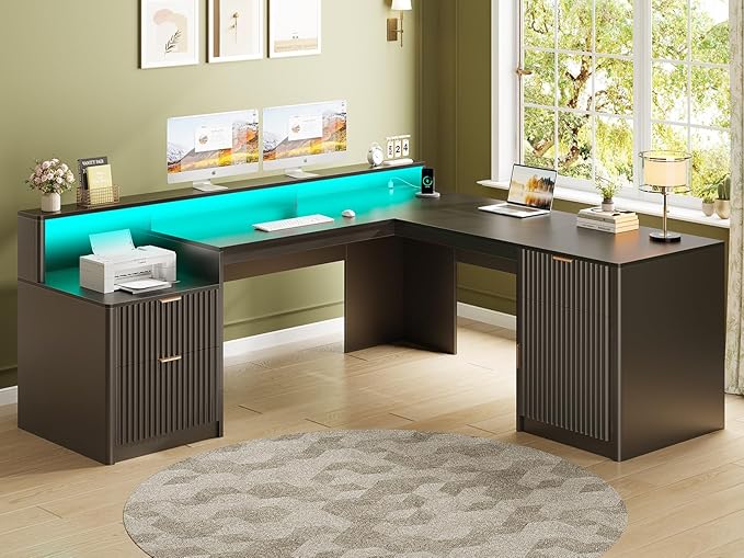 SEDETA 66" Modern L Shaped Desk with Drawers, Fluted Home Office Desk with File Cabinet and Printer Shelf, Wood Executive Desk with Monitor Stand, Led Lights, Power Outlets, Black