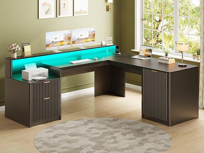 SEDETA 66" Modern L Shaped Desk with Drawers, Fluted Home Office Desk with File Cabinet and Printer Shelf, Wood Executive Desk with Monitor Stand, Led Lights, Power Outlets, Black