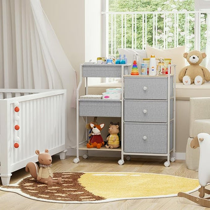 Modanais Baby Organizer and Storage - 3 Tier Rolling Cart with Dividers and Drawers, Easy To Assemble, Mobile Utility Cart with Wheels for Nursery, Bedroom, Changing Table & Crib,Light Gray