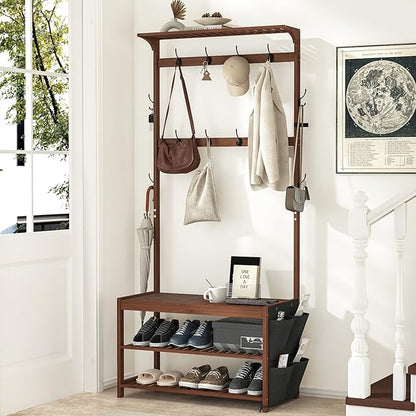 AMBIRD Hall Tree with bench and shoe storage, Entryway Bench with shoe storage, 6-in-1 Coat Rack with Cloth Bag and 12 Coat Hooks, Sturdy Bamboo Frame, Brown 31 * 15 * 70 Inches