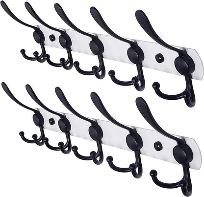 Dseap Wall Mounted Coat Rack - 5 Tri Hooks, Heavy Duty, Stainless Steel, Metal Coat Hook Rail for Coat Hat Towel Purse Robes Mudroom Bathroom Entryway (White & Black, 2 Packs)
