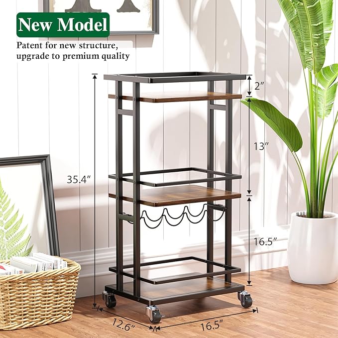 3-Tier Liquor Cabinet with Wine Rack, Mini Bar Cart for Home, Small Liquor Bar for Alcohol, Rolling Kitchen Serving Cart on Wheels, Wine Drink Cart for Party, Bar Stand for Small Space