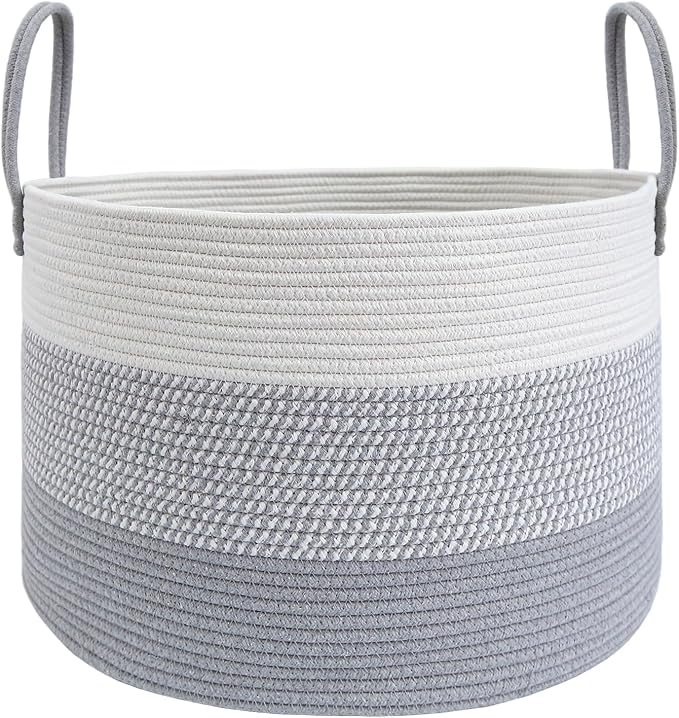 JMvicyroam 115L Extra Large Blanket Basket for Living Room - Woven Cotton Rope Laundry Hamper with Reinforced Handles - Storage Bin for Pillows, Comforters & Toys - Machine Washable,White&Grey Mix