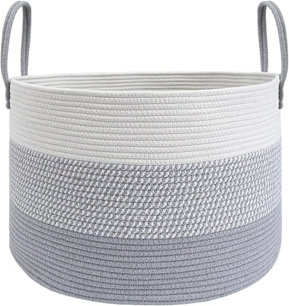 JMvicyroam 115L Extra Large Blanket Basket for Living Room - Woven Cotton Rope Laundry Hamper with Reinforced Handles - Storage Bin for Pillows, Comforters & Toys - Machine Washable,White&Grey Mix