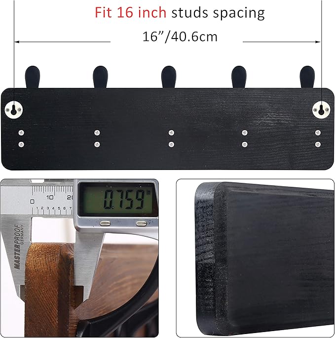 WEBI Coat Rack Wall Mount,Coat Hooks Wall Mounted Rustic,16" Hole to Hole,Large Coat Hanger Wall,Wood Hook Rack,5 Triple Hooks for Hanging Coats,Jacket,Clothes,Farmhouse,Black