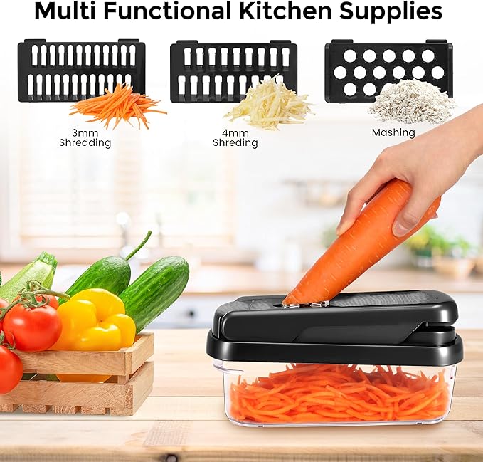Vegetable Chopper,12-in-1 Multifunctional Food Chopper,Professional Onion Chopper with 7 Blades,Vegetable Cutter with Container for Salad,Potato,Carrot,and Garlic Essential Kitchen Tool (Black)