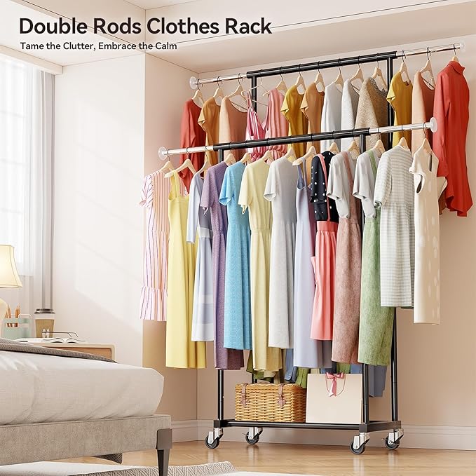 SUFAUY Double Rod 80" Tall Rolling Clothing Garment Rack for Hanging Dresses Clothes, with Caseter Wheels & Adjustable Rod & Shelves, Black