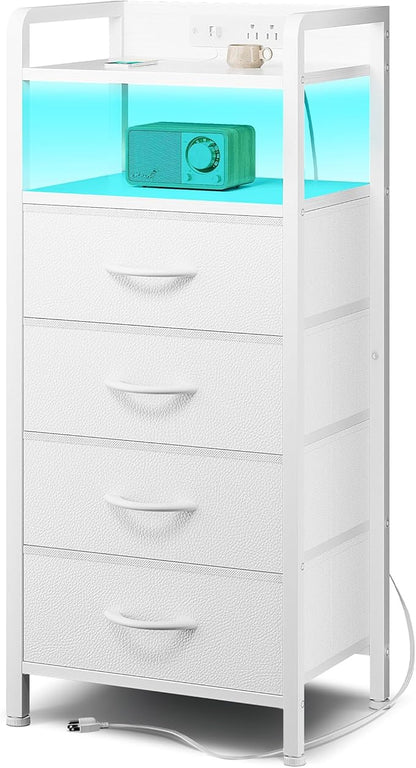 Lazzanto Night Stand Bedside Charger Bedroom - Nightstand with Charging Station, 2 U-S-B Ports & 2 AC Outlets, Tall Bed Side Table with LED Light Strip, Storage Shelf & 4 Fabric Drawers, White