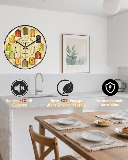 Decorative Wall Clocks Batterys Operated, Retro Wall Clock with Glass Dial, 12-Inch Dial with Roman Numerals, Silent and No Ticking, Suitable for Living Room, Bedroom, Dining Area, Workspace