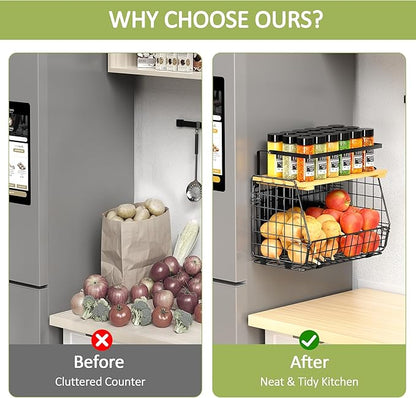 Magnetic Shelf for Fridge with Wood Lid: 2 Pack Fruit Potato and Onion Storage Bin - Magnetic Spice Rack for Refrigerator & Kitchen Counter - Pantry Organizers and Storage