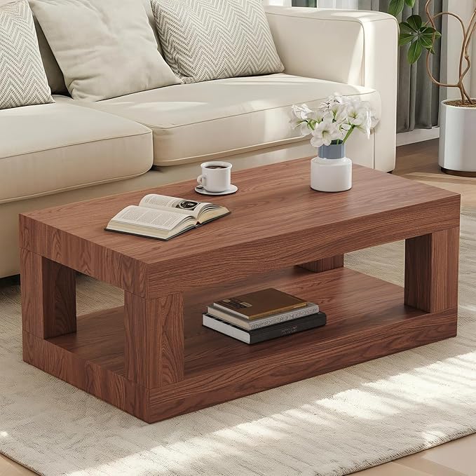 LKTART 39.37" Coffee Table with Storage, 2-Tier Mid Century Rectangular Accent Table with Thick Tabletop, Rustic Style Cocktail, Center Table for Living Room, Office, Apartment (Walnut)