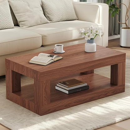 LKTART 39.37" Coffee Table with Storage, 2-Tier Mid Century Rectangular Accent Table with Thick Tabletop, Rustic Style Cocktail, Center Table for Living Room, Office, Apartment (Walnut)