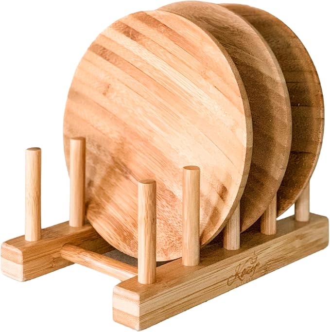 KOZY Dish Drying Rack Handmade Dishware Plate Holder Natural Bamboo Drainer Stand - Wooden Finish- Holds Plates Bowls Mugs Cups Cutting Board (Natural Bamboo- Plate Holder)