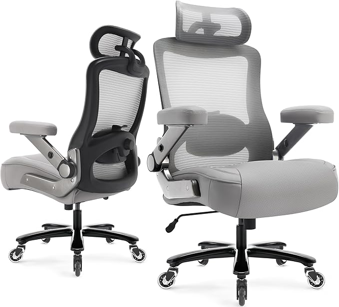 600lbs Big and Tall Office Chair- Heavy Duty Executive Computer Chair with 3D Flip Arms Large Wheels, Ergonomic Mesh High Back Desk Chair, Extra Wide Seat Adjustable Lumbar Support&Headrest