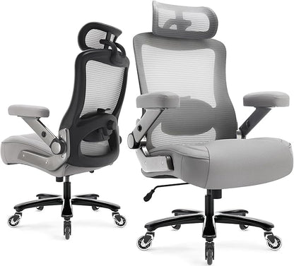 600lbs Big and Tall Office Chair- Heavy Duty Executive Computer Chair with 3D Flip Arms Large Wheels, Ergonomic Mesh High Back Desk Chair, Extra Wide Seat Adjustable Lumbar Support&Headrest