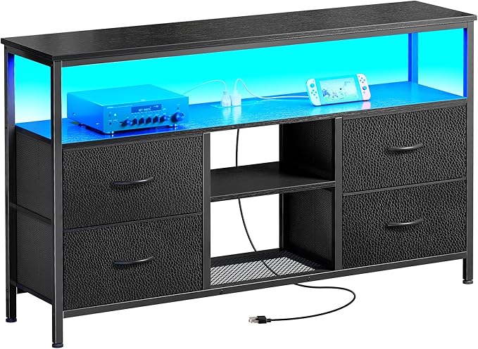 Huuger 47 Inch TV Stand Dresser with Power Outlets and LED Lights, Fabric Dresser for Bedroom with Storage, 4 Drawers Entertainment Center with Open Shelf, Media Console for 55 50 Inch TV, Black