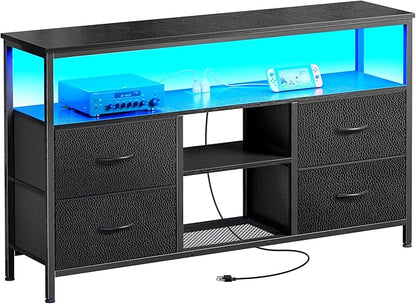 Huuger 47 Inch TV Stand Dresser with Power Outlets and LED Lights, Fabric Dresser for Bedroom with Storage, 4 Drawers Entertainment Center with Open Shelf, Media Console for 55 50 Inch TV, Black