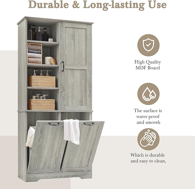 Merax Cabinet with Tilt-Out Laundry Hamper Basket, Tall Bathroom Storage Organizer Linen with Open Shelf for Home, Freestanding, Oak