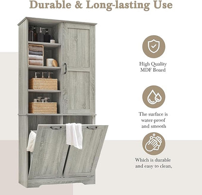 Merax Cabinet with Tilt-Out Laundry Hamper Basket, Tall Bathroom Storage Organizer Linen with Open Shelf for Home, Freestanding, Oak