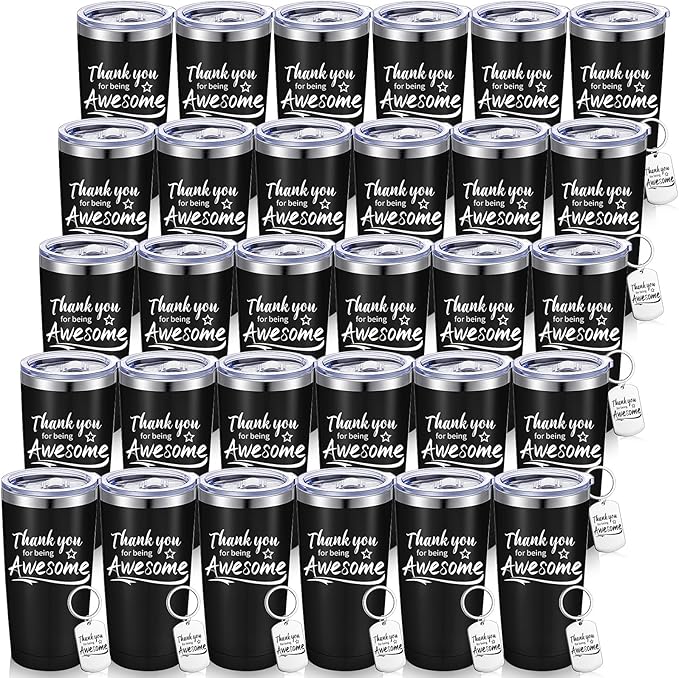 Sieral 60 Pieces Thank You for Being Awesome Tumbler, Thank You Supplies for Women Men 20oz Insulated Stainless Steel Travel Tumbler with Lid and Straw Appreciation Gift with Keychain (Black)