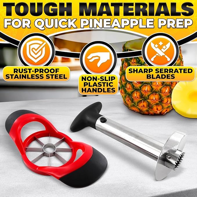 Pineapple Corer and Slicer, Apple Corer and Slicer Tool - Stainless Steel Fruit Cutter with Reinforced Thick Blade, Detachable Handle | Core Remover for Fresh Pineapple Rings, Diced Fruits and Apples