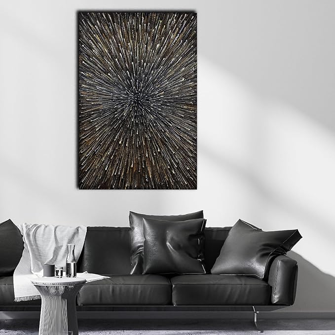 moshinart 24 x 36in Hand-Painted Oil Painting 3D Texture Sense of Space Gold Firework Modern Minimalist Colorful Abstract Wall Art, Home Office Wall Decoration Gold