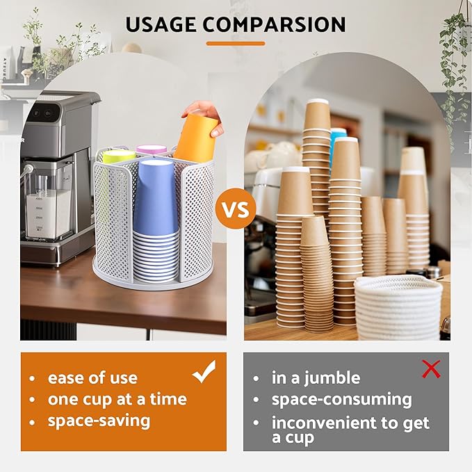 Rotating Paper Cup Dispenser, Cup Holder with 4 Compartments, Disposable Coffee Cup Dispenser Removable, Plastic Cup Storage & Lid Holder for Countertops, Kitchen, Coffee Stations (Gray)