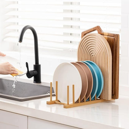 HBlife 4pcs Heighten and Widen Bamboo Dish Drying Rack Plate Bowl Cup Book Pot Lid Cutting Board Stand Drainer Storage Holder Organizer for Kitchen Cabinet